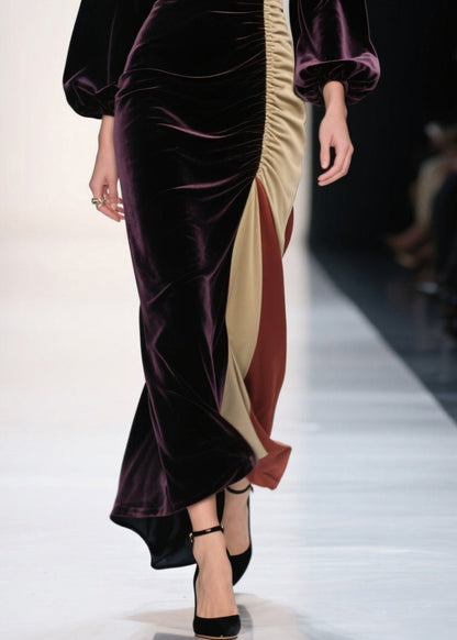 Vestido de noche de terciopelo de seda con patchwork asimétrico morado opaco de talla grande para primavera