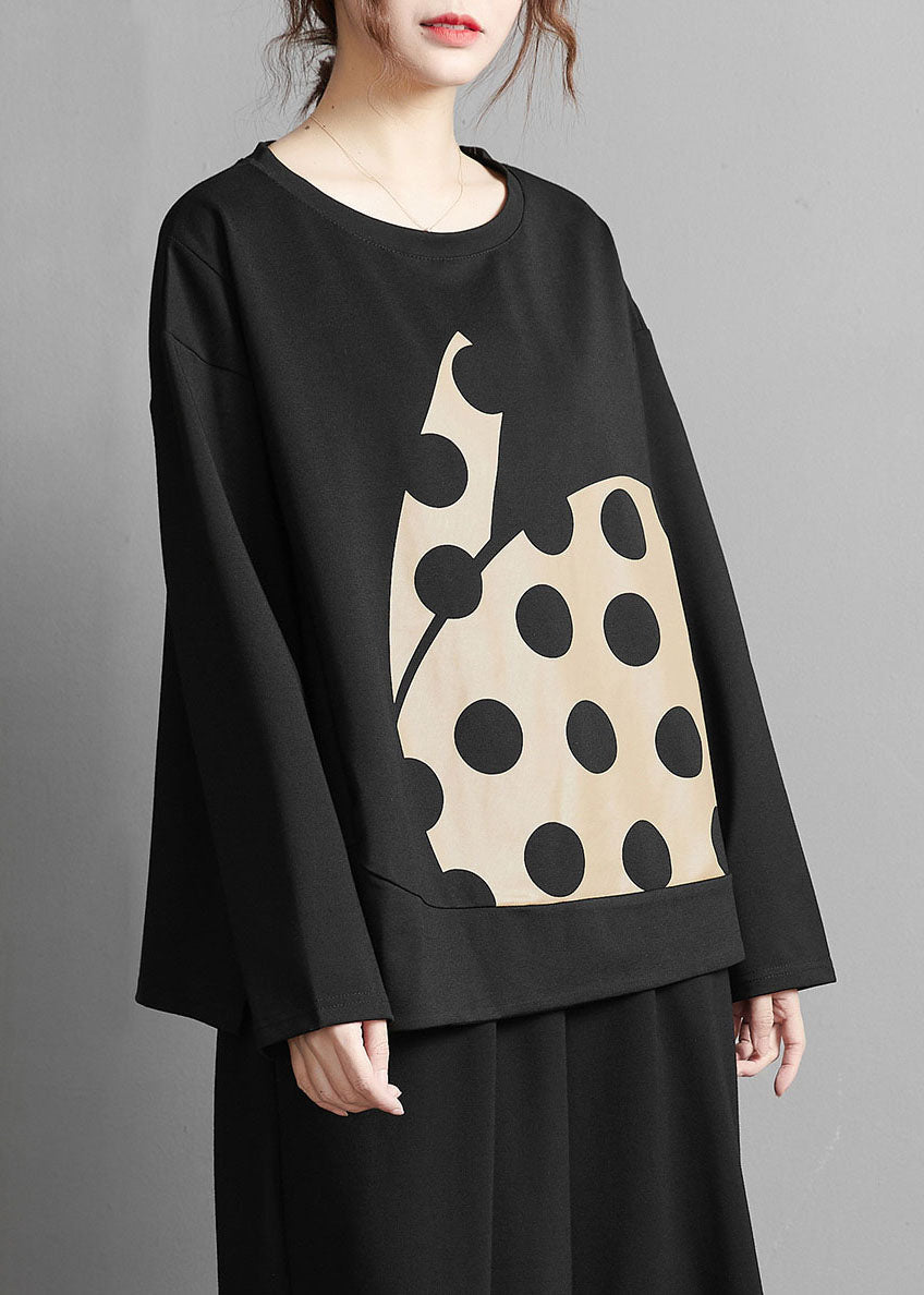 Plus Size Elegant Black Print Dot Cotton Top Spring
