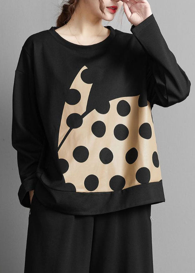 Plus Size Elegant Black Print Dot Cotton Top Spring