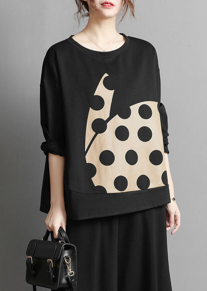 Plus Size Elegant Black Print Dot Cotton Top Spring