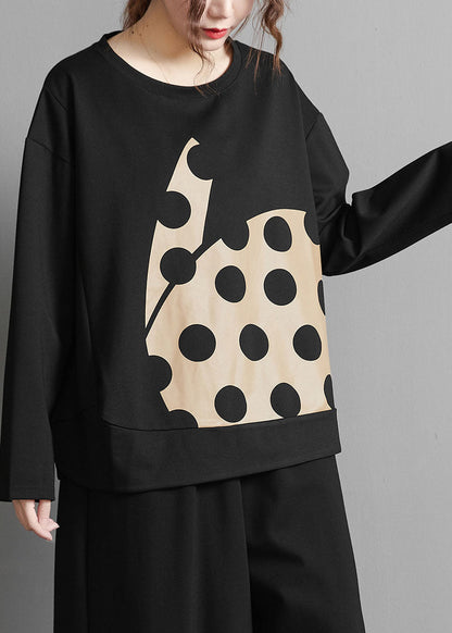 Plus Size Elegant Black Print Dot Cotton Top Spring