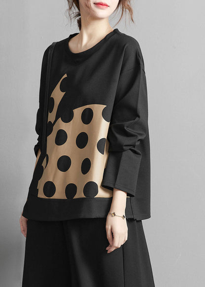Plus Size Elegant Black Print Dot Cotton Top Spring