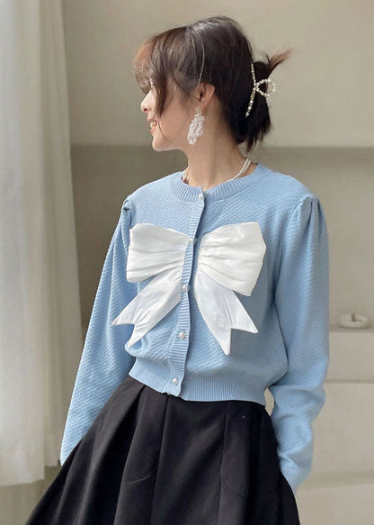 Plus Size Elegantes blaues Stricktop mit Puffärmeln