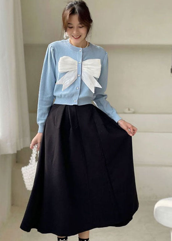 Plus Size Elegantes blaues Stricktop mit Puffärmeln