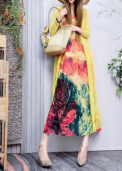 Plus Size Tailliertes Leinenkleid mit V-Ausschnitt und Print, Frühling