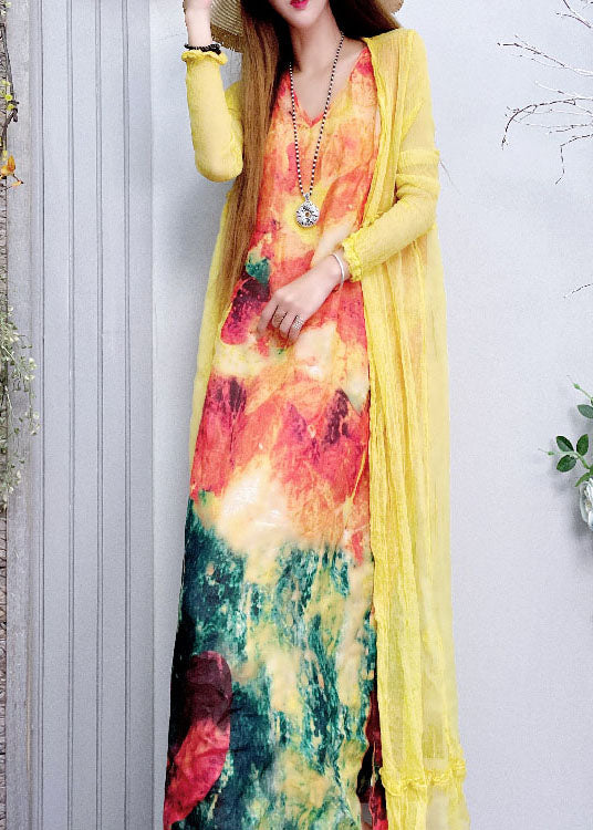 Plus Size Tailliertes Leinenkleid mit V-Ausschnitt und Print, Frühling