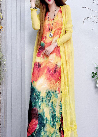 Plus Size Tailliertes Leinenkleid mit V-Ausschnitt und Print, Frühling