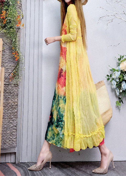 Plus Size Tailliertes Leinenkleid mit V-Ausschnitt und Print, Frühling