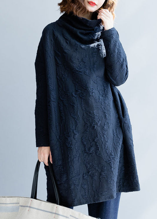 Plus Size Französisch Marine Rollkragen Lose Kleid Frühling