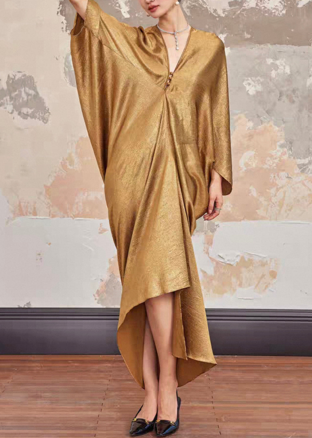 Plus Size Gold V Neck Solid Silk Long Dresses Batwing Sleeve