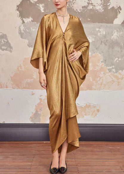 Plus Size Gold V Neck Solid Silk Long Dresses Batwing Sleeve