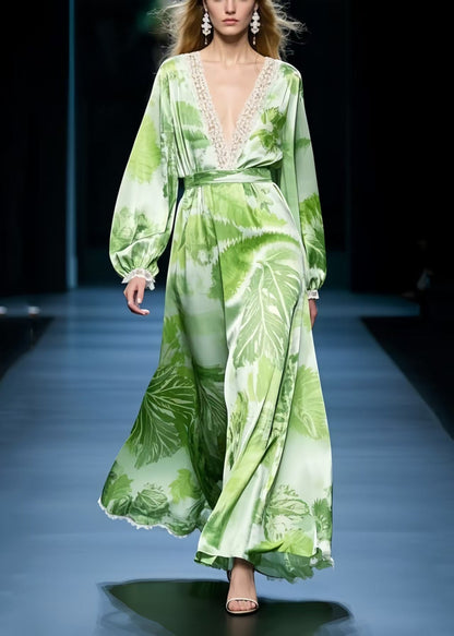 Plus Size Grass Green Print Draping Chiffon Maxi Dresses Spring