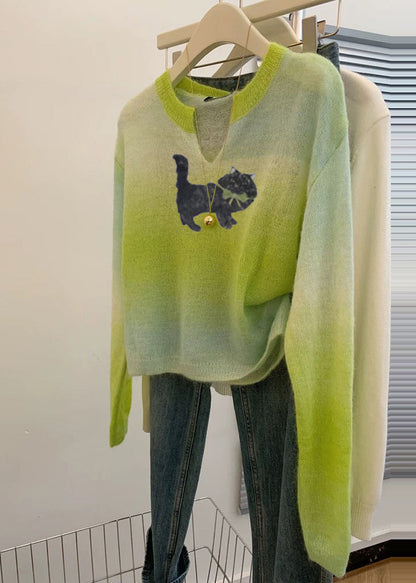 Suéter de punto teñido anudado con cuello en V verde hierba de talla grande para primavera