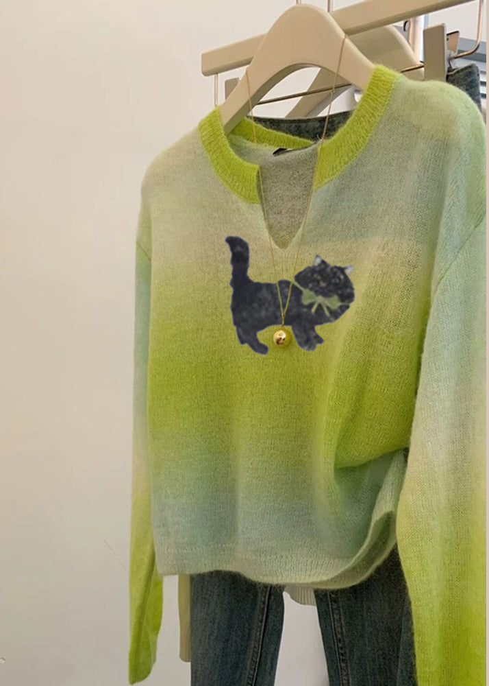 Suéter de punto teñido anudado con cuello en V verde hierba de talla grande para primavera