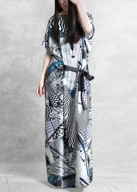 Plus Size Gray Print Silk Robe Dresses Tunic - SooLinen