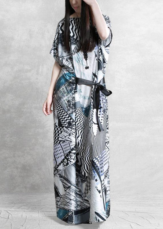 Plus Size Gray Print Silk Robe Dresses Tunic - SooLinen