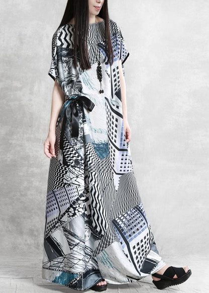 Plus Size Gray Print Silk Robe Dresses Tunic - SooLinen