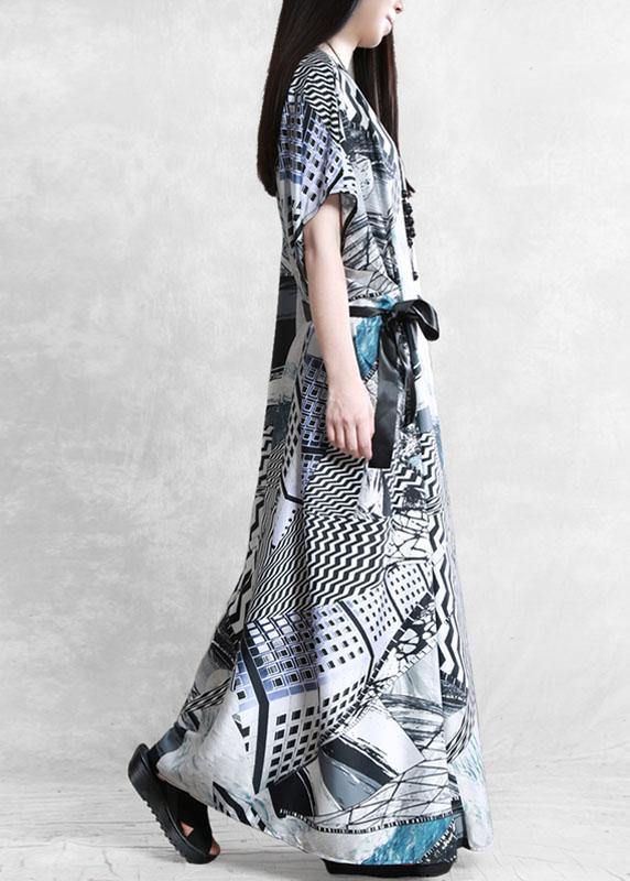 Plus Size Gray Print Silk Robe Dresses Tunic - SooLinen