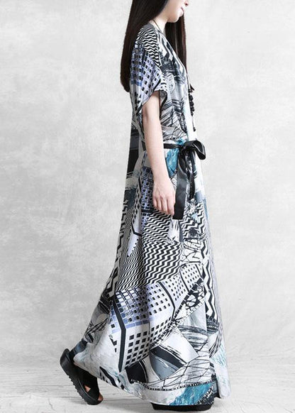 Plus Size Gray Print Silk Robe Dresses Tunic - SooLinen