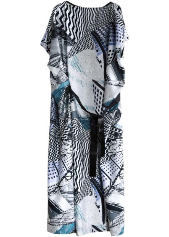 Plus Size Gray Print Silk Robe Dresses Tunic - SooLinen