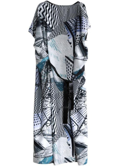 Plus Size Gray Print Silk Robe Dresses Tunic - SooLinen