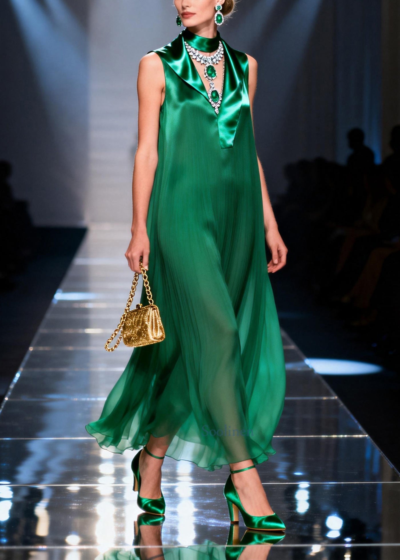 Plus Size Green Asymmetrical Patchwork Chiffon Robe Dresses Sleeveless