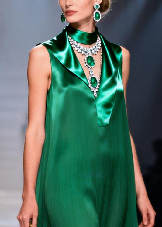 Plus Size Green Asymmetrical Patchwork Chiffon Robe Dresses Sleeveless