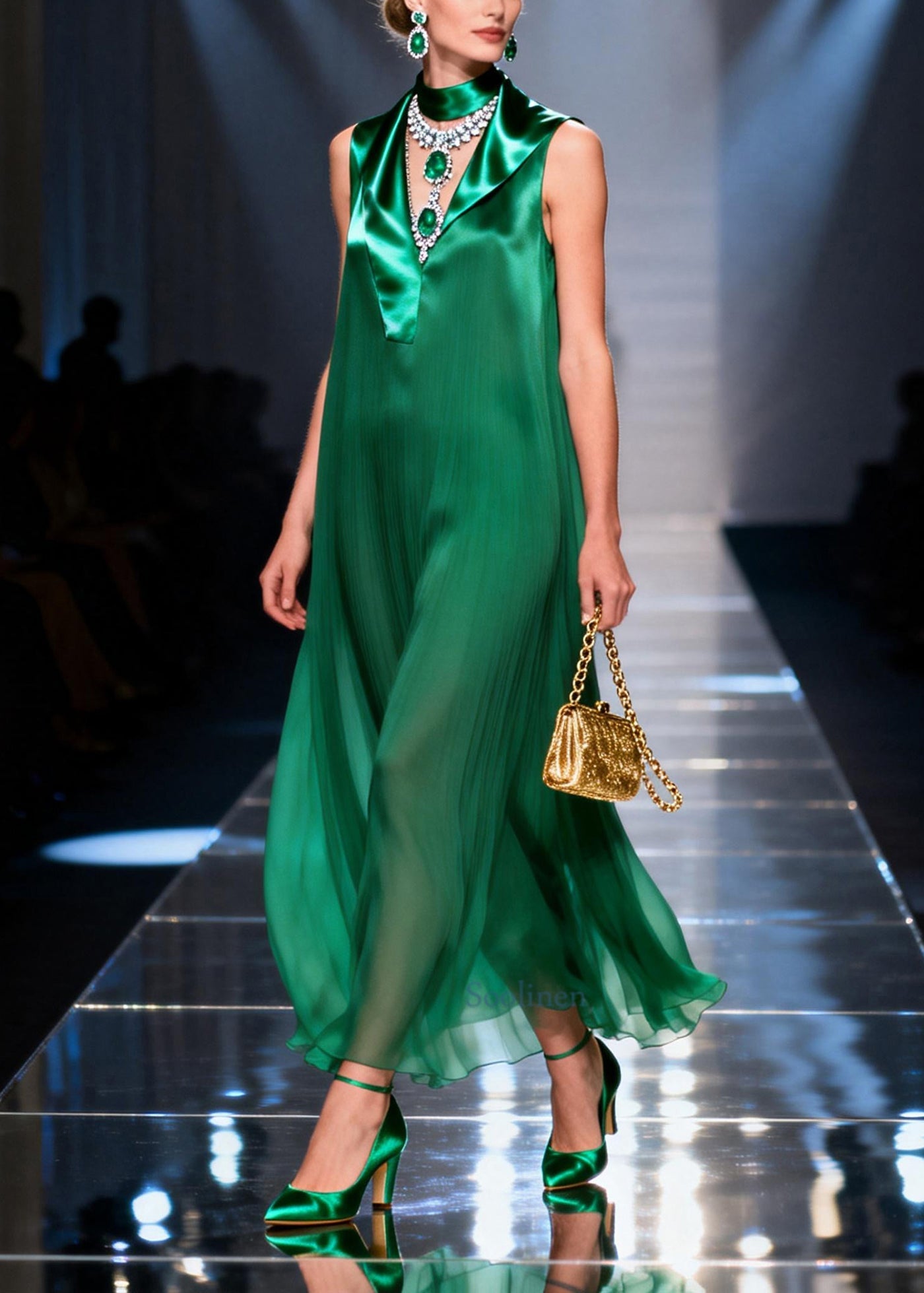Plus Size Green Asymmetrical Patchwork Chiffon Robe Dresses Sleeveless