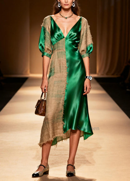 Plus Size Green Asymmetrical Patchwork Linen Silk Dress Summer