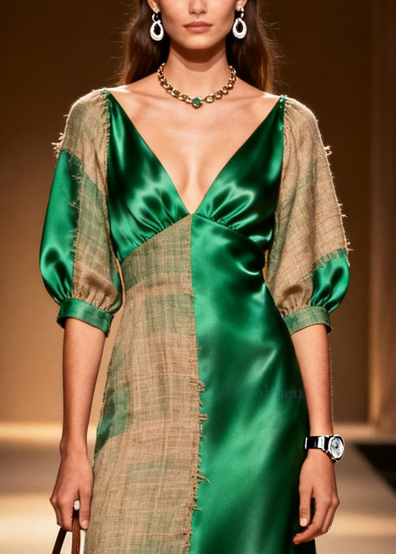 Plus Size Green Asymmetrical Patchwork Linen Silk Dress Summer
