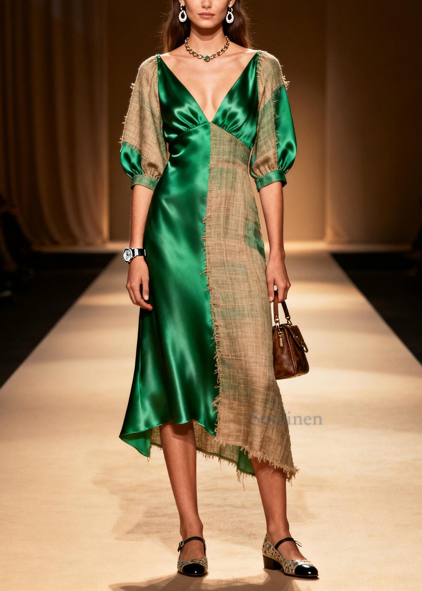 Plus Size Green Asymmetrical Patchwork Linen Silk Dress Summer