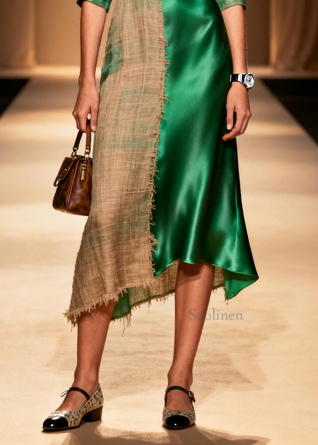 Plus Size Green Asymmetrical Patchwork Linen Silk Dress Summer