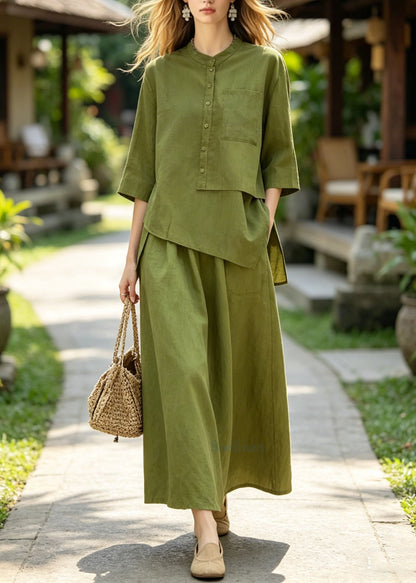 Plus Size Green Asymmetrical Top And Skirts Cotton 2 Piece Outfit Summer