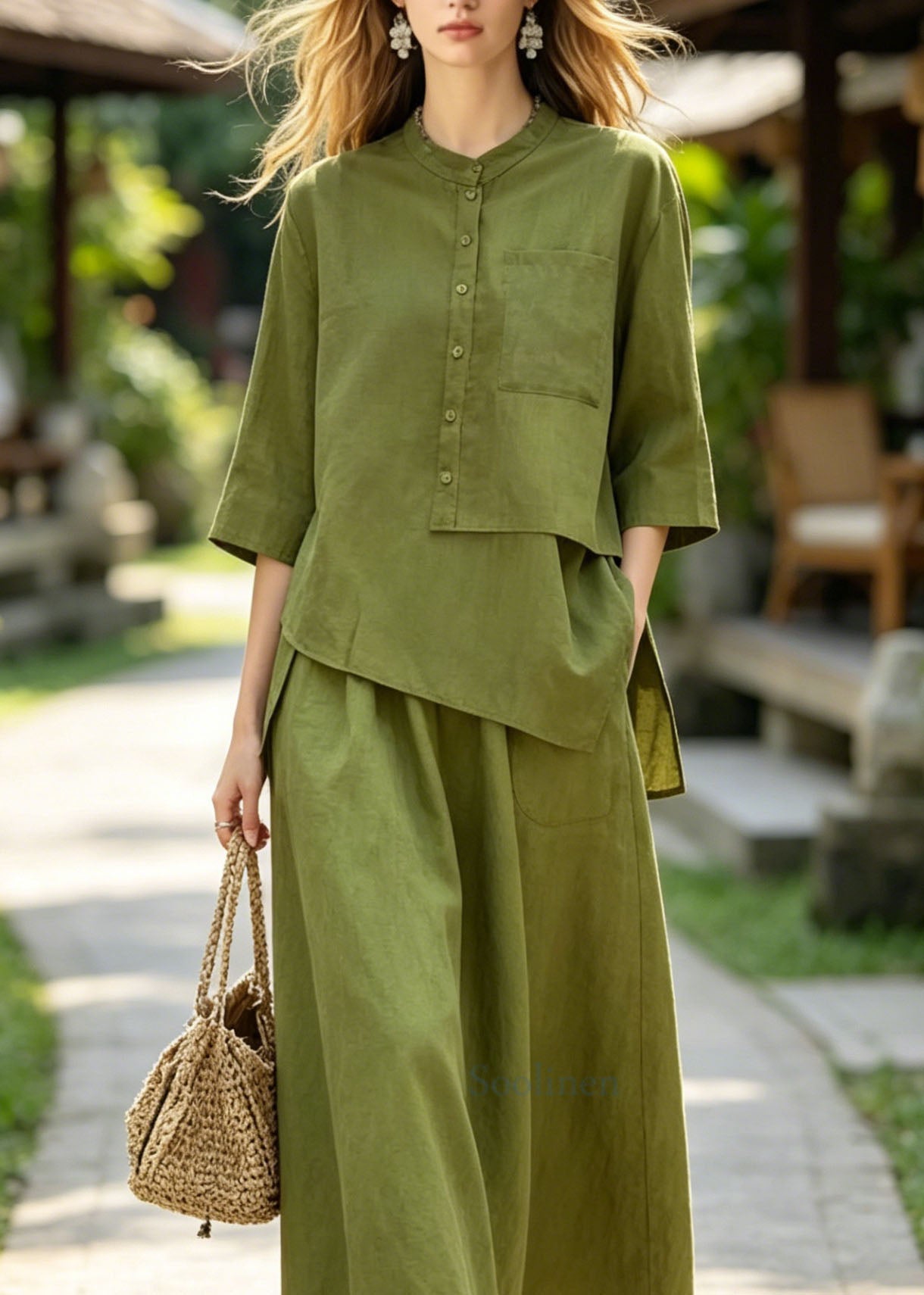Plus Size Green Asymmetrical Top And Skirts Cotton 2 Piece Outfit Summer