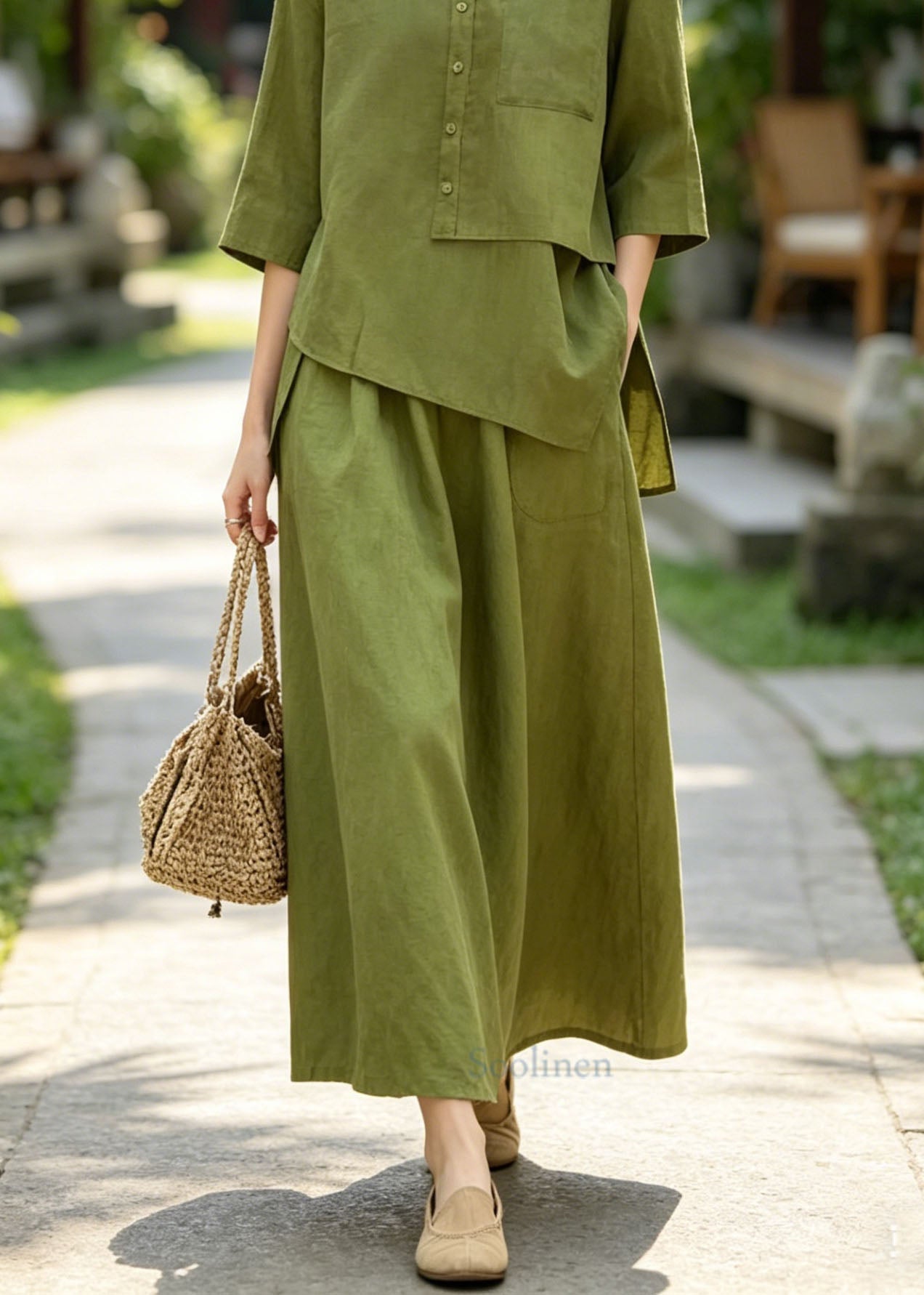Plus Size Green Asymmetrical Top And Skirts Cotton 2 Piece Outfit Summer