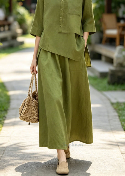 Plus Size Green Asymmetrical Top And Skirts Cotton 2 Piece Outfit Summer