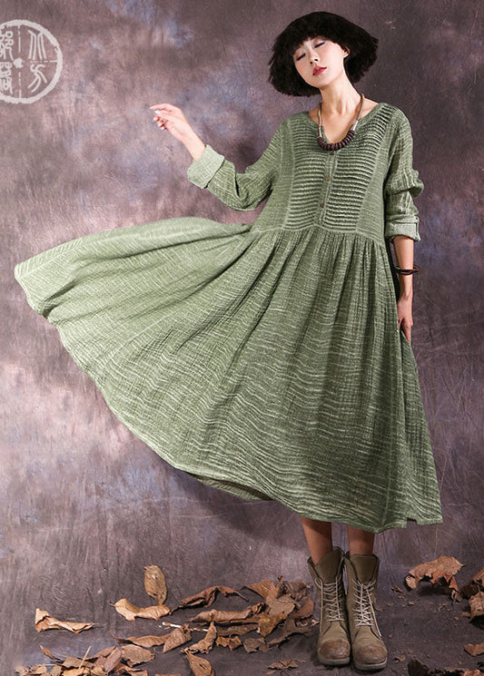 Plus Size Grüner Knopf Patchwork Baumwollkleid Frühling