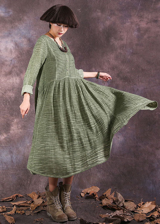 Plus Size Grüner Knopf Patchwork Baumwollkleid Frühling