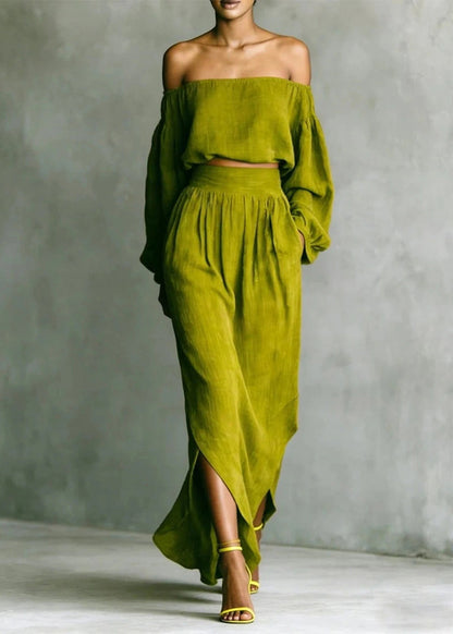 Plus Size Green Cold Shoulder Cotton Two Piece Set Women Clothing Long Sleeve