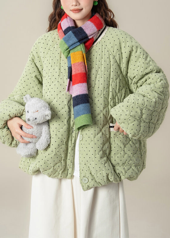 Winterparkas in Übergröße mit grünen Punkten, Taschen, Spitzenbesatz und Baumwollfüllung