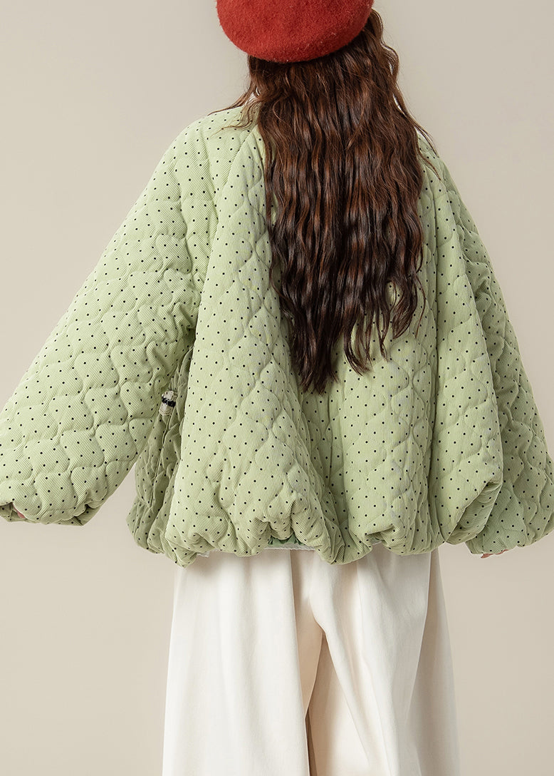 Winterparkas in Übergröße mit grünen Punkten, Taschen, Spitzenbesatz und Baumwollfüllung