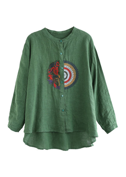Plus Size Green Embroideried Linen Shirt Top Long Sleeve