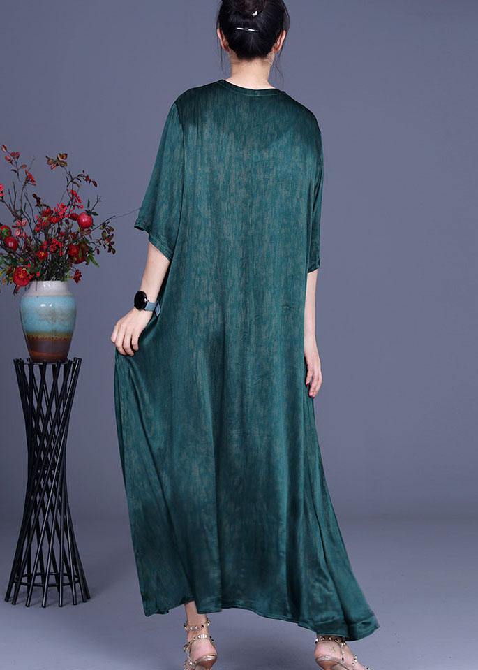Plus Size Green Embroidery Summer Silk Long Dress - SooLinen