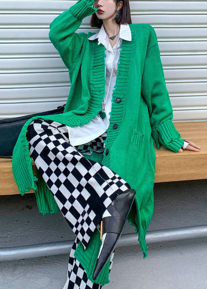 Plus Size Grün Loch seitlich offen Knopf Herbst Strick Langarm Cardigan