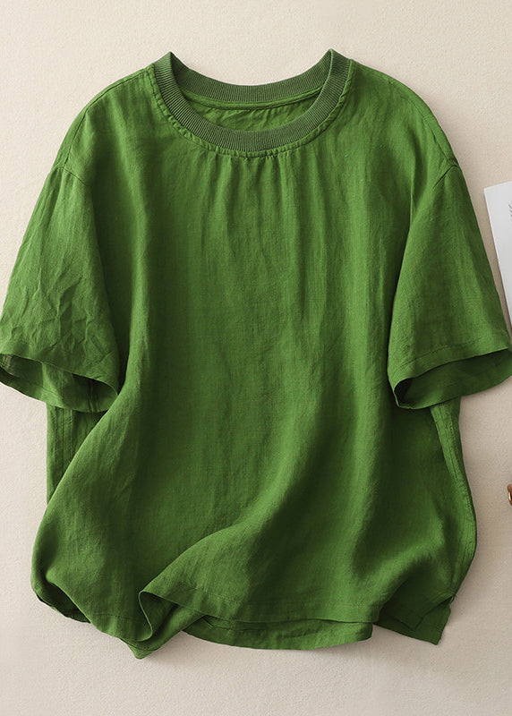 Plus Size Green O Neck Casual Cotton Tops Summer
