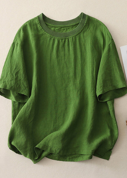 Plus Size Green O Neck Casual Cotton Tops Summer