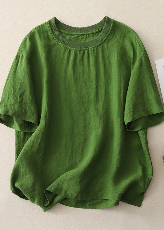 Plus Size Green O Neck Casual Cotton Tops Summer