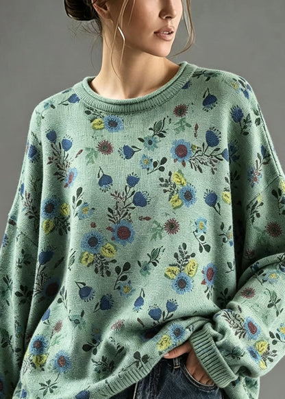 Plus Size Green O Neck Print Knit Sweater Tops Fall