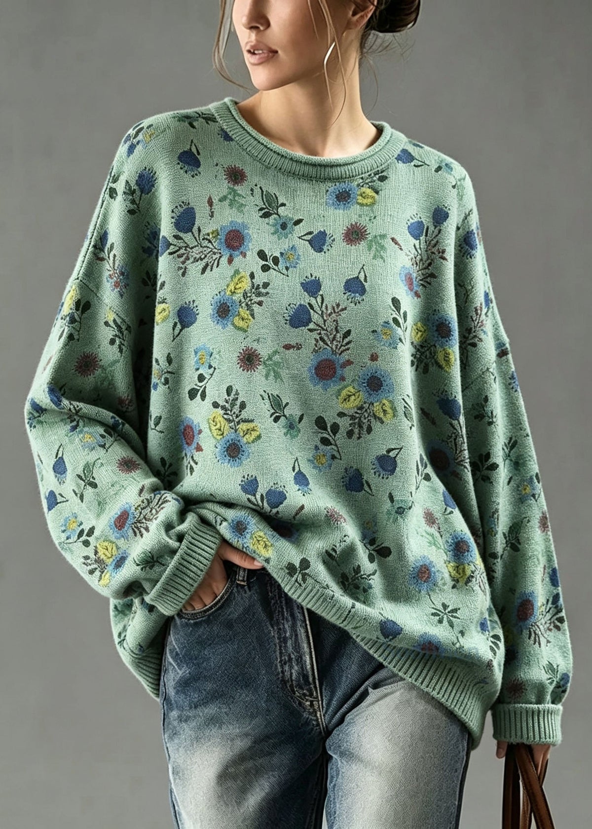 Plus Size Green O Neck Print Knit Sweater Tops Fall