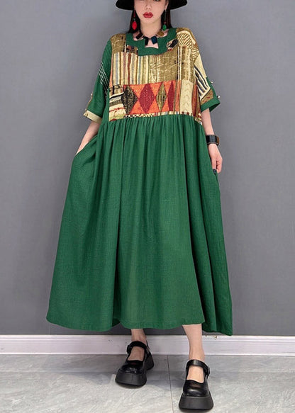 Plus Size Green O-Neck wrinkled Patchwork Long Dress Half Sleeve